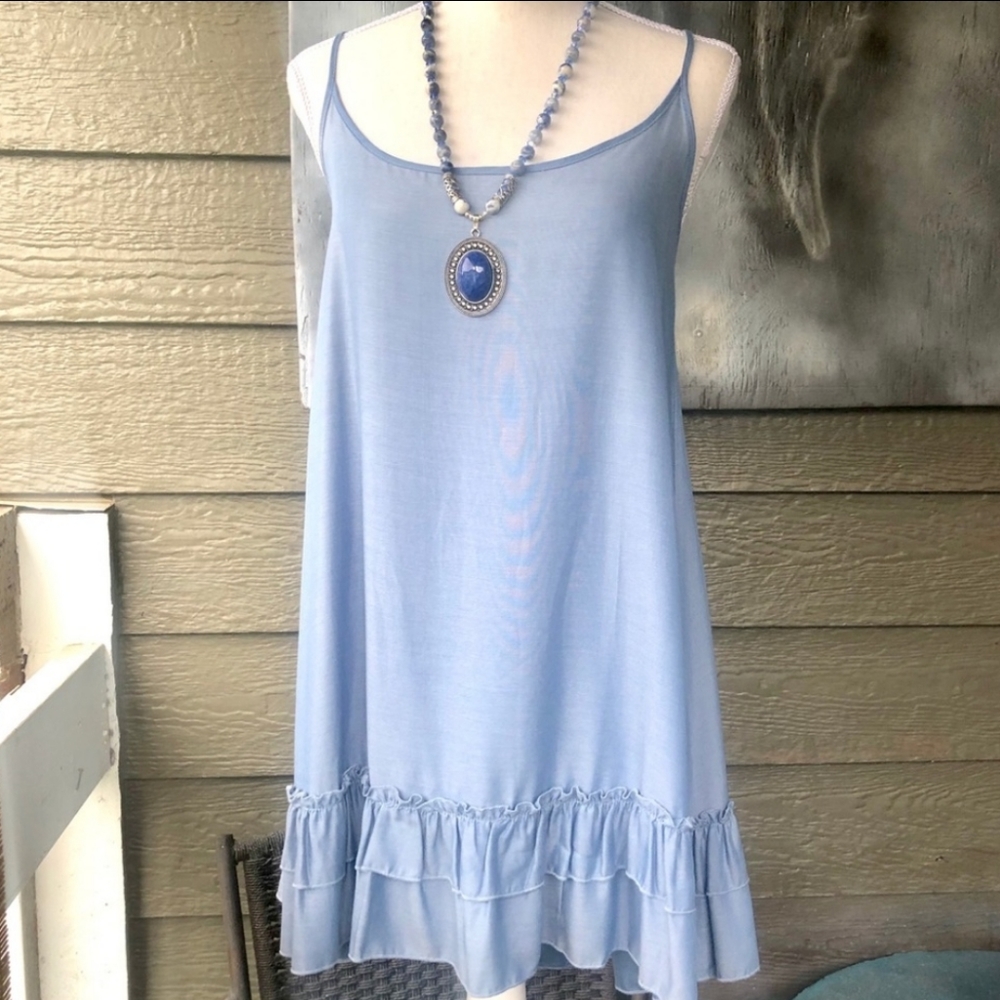 Boho Blue Tank Top Dress Ruffle Trim L
